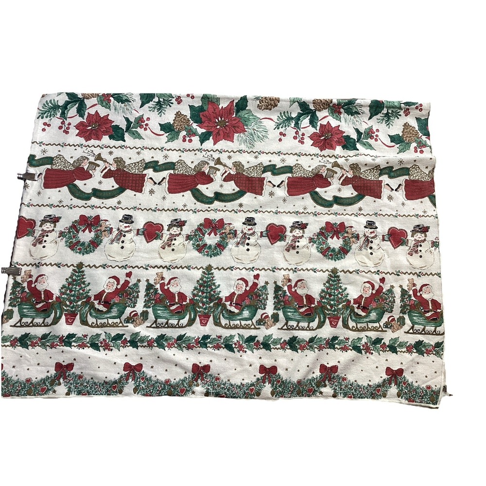 Vintage Christmas Printed Cotton Tablecloth Santa, Snowmen, Angels, 76"x58"